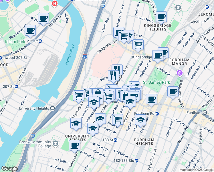 map of restaurants, bars, coffee shops, grocery stores, and more near 2472 Devoe Terrace in Bronx