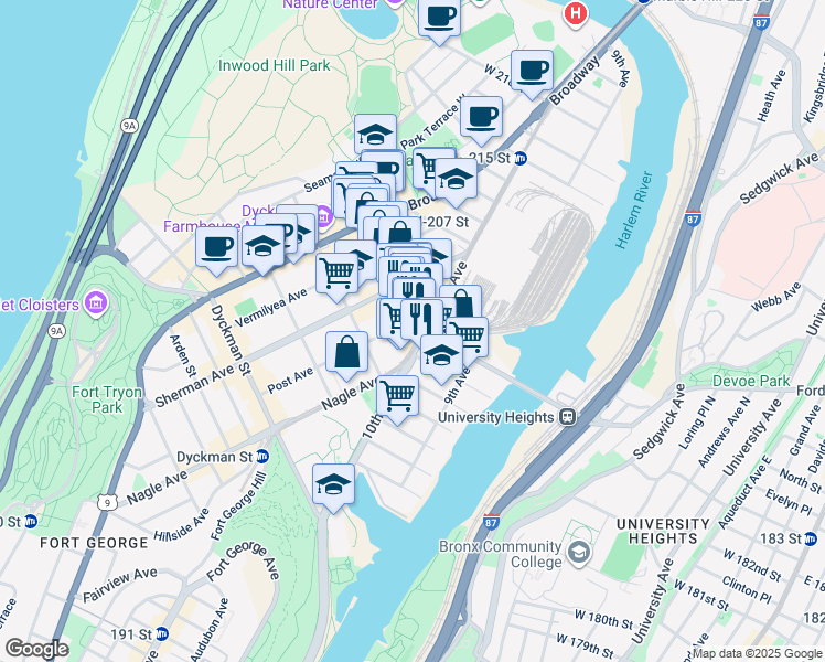 map of restaurants, bars, coffee shops, grocery stores, and more near 119 Post Avenue in New York