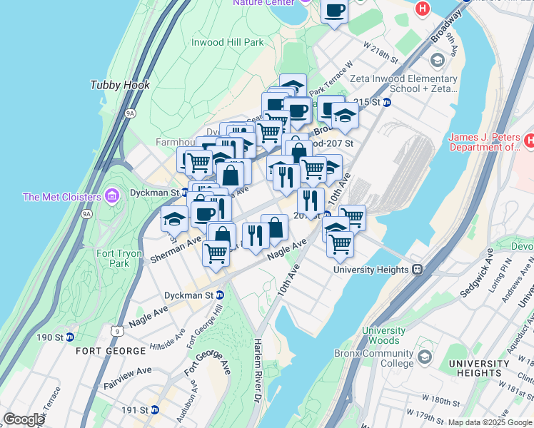 map of restaurants, bars, coffee shops, grocery stores, and more near 155A Sherman Avenue in New York