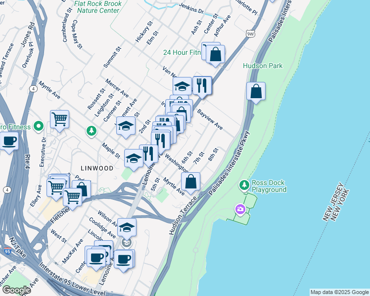 map of restaurants, bars, coffee shops, grocery stores, and more near 2475 5th Street in Fort Lee