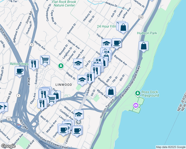 map of restaurants, bars, coffee shops, grocery stores, and more near 2455 Lemoine Avenue in Fort Lee