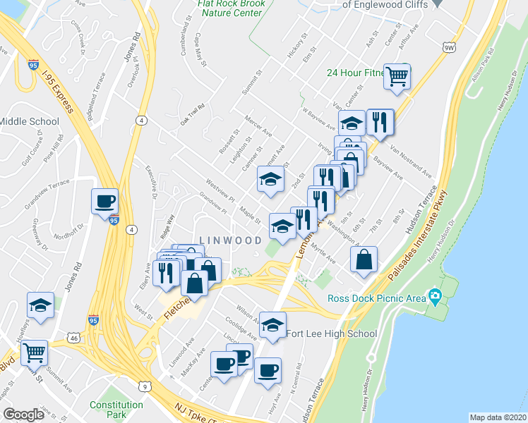map of restaurants, bars, coffee shops, grocery stores, and more near 2402 2nd Street in Fort Lee