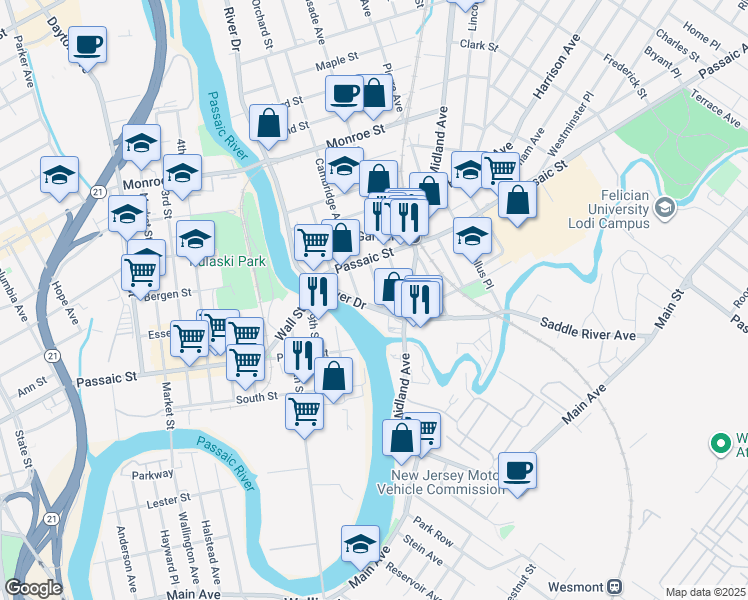 map of restaurants, bars, coffee shops, grocery stores, and more near 136 River Drive in Garfield