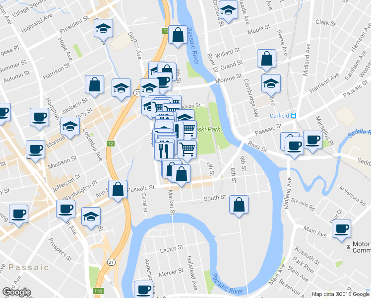 map of restaurants, bars, coffee shops, grocery stores, and more near 87 4th Street in Passaic
