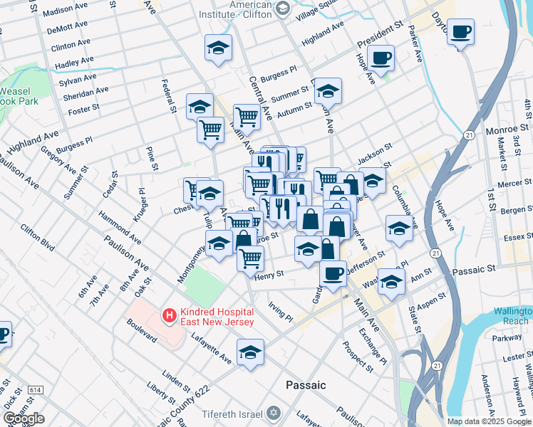 map of restaurants, bars, coffee shops, grocery stores, and more near 178 Grove Street in Passaic