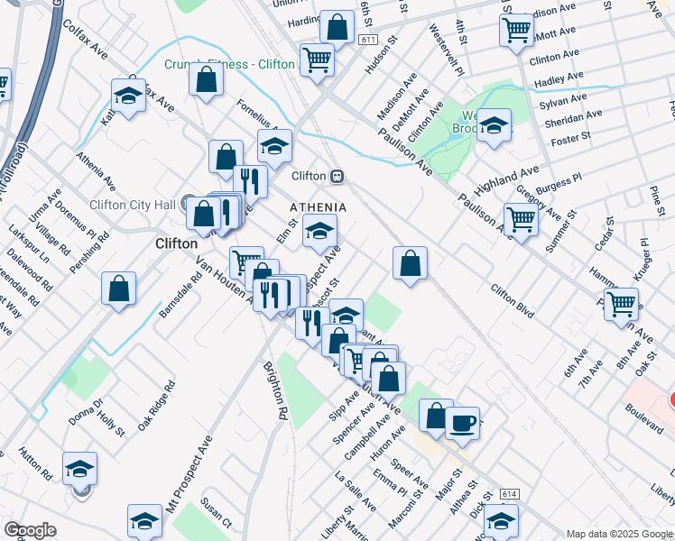map of restaurants, bars, coffee shops, grocery stores, and more near 71 Mount Prospect Avenue in Clifton
