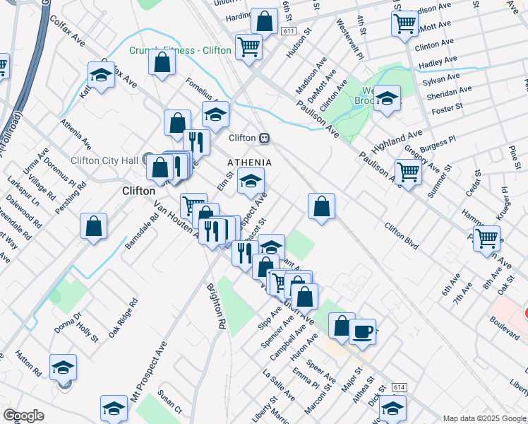 map of restaurants, bars, coffee shops, grocery stores, and more near 71 Mount Prospect Avenue in Clifton