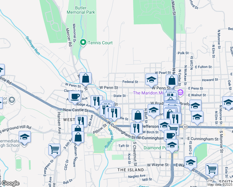 map of restaurants, bars, coffee shops, grocery stores, and more near 407 Mitchell Avenue in Butler