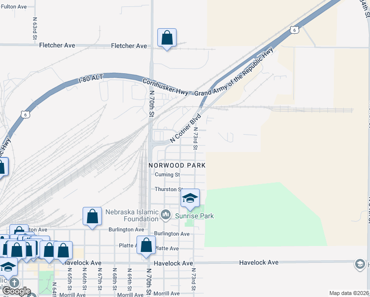 map of restaurants, bars, coffee shops, grocery stores, and more near 5141 North 73rd Street in Lincoln