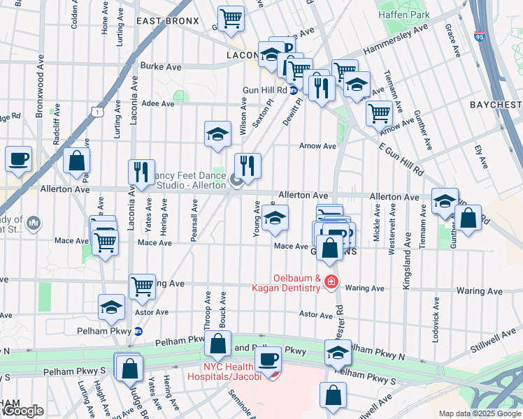 map of restaurants, bars, coffee shops, grocery stores, and more near 2562 Young Avenue in The Bronx