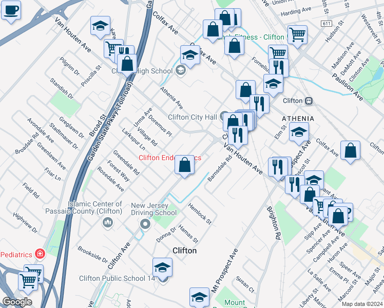 map of restaurants, bars, coffee shops, grocery stores, and more near 45 Starmond Avenue in Clifton