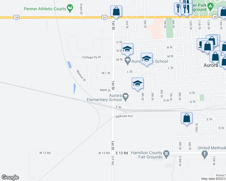 map of restaurants, bars, coffee shops, grocery stores, and more near 100 Mark Street in Aurora