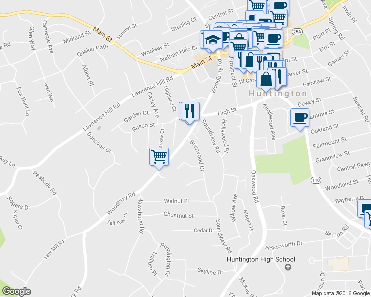 map of restaurants, bars, coffee shops, grocery stores, and more near 174 Woodbury Road in Huntington