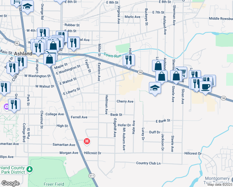 map of restaurants, bars, coffee shops, grocery stores, and more near 527 Edgehill Ave in Ashland