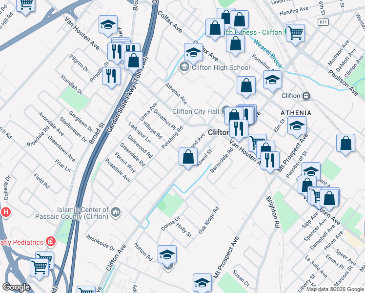 map of restaurants, bars, coffee shops, grocery stores, and more near 58 Lindale Court in Clifton