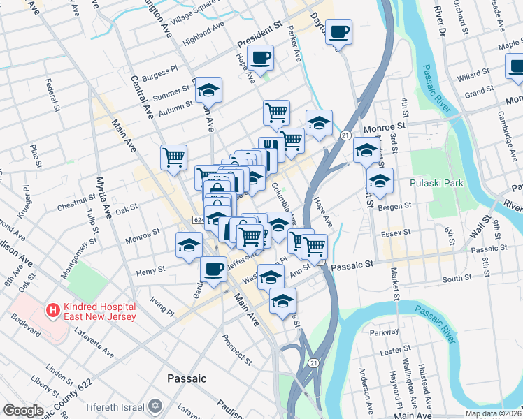 map of restaurants, bars, coffee shops, grocery stores, and more near 21 Rosz Place in Passaic