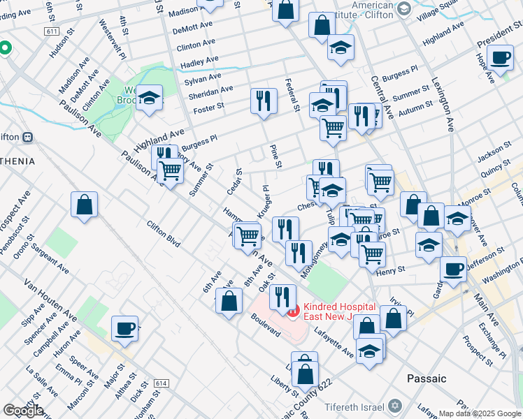 map of restaurants, bars, coffee shops, grocery stores, and more near 54 Krueger Place in Passaic