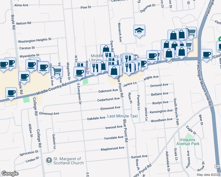 map of restaurants, bars, coffee shops, grocery stores, and more near 11 Oakmont Avenue in Selden