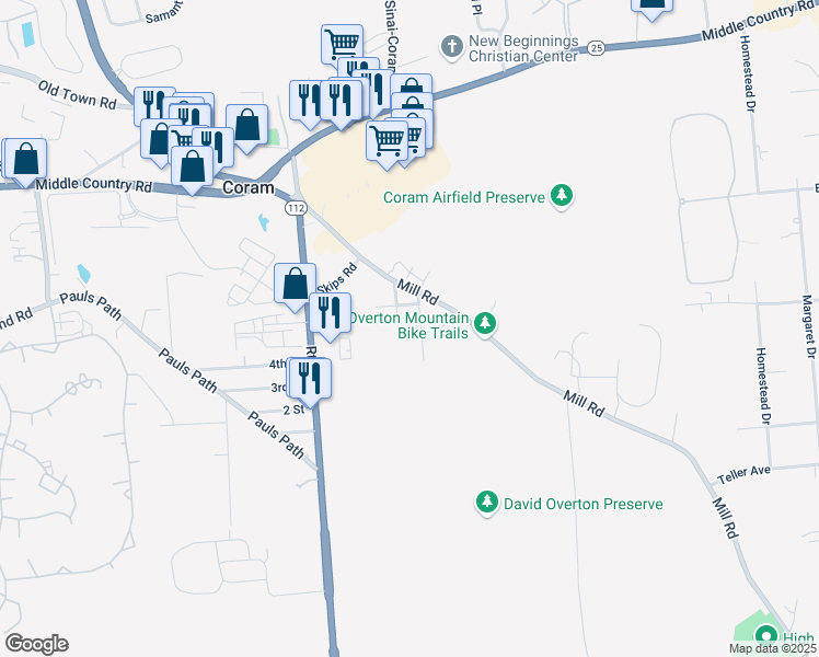 map of restaurants, bars, coffee shops, grocery stores, and more near 9 Dryden Avenue in Coram