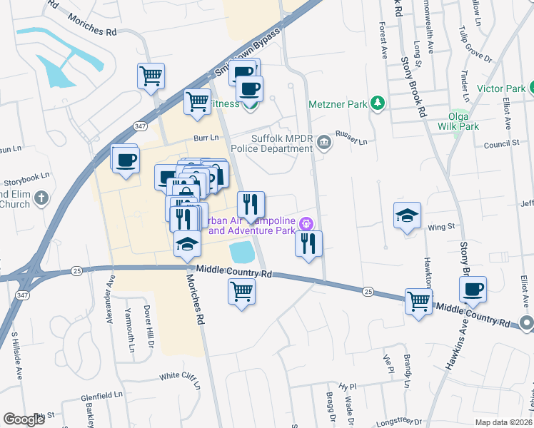 map of restaurants, bars, coffee shops, grocery stores, and more near 1 Carmella Lane in Lake Grove