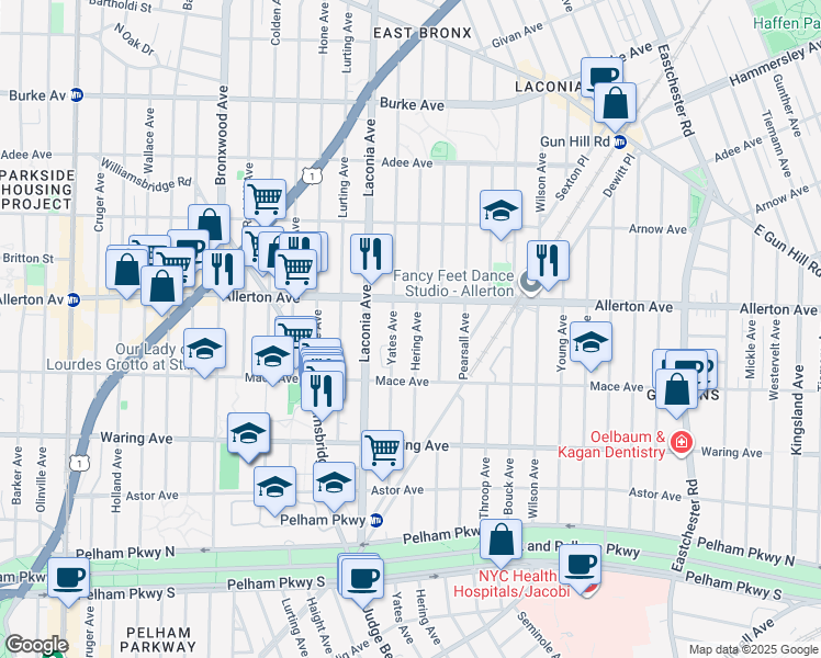 map of restaurants, bars, coffee shops, grocery stores, and more near 2551 Hering Avenue in Bronx
