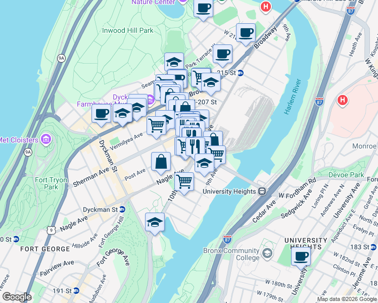 map of restaurants, bars, coffee shops, grocery stores, and more near 133 Post Avenue in New York