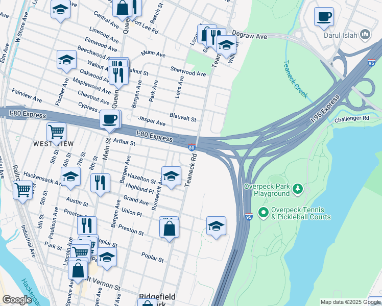 map of restaurants, bars, coffee shops, grocery stores, and more near 160 Arthur Street in Ridgefield Park