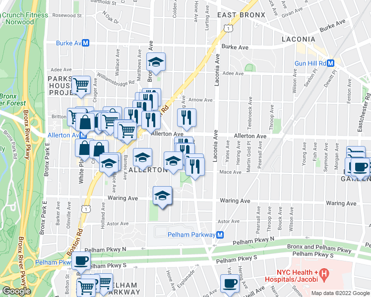 map of restaurants, bars, coffee shops, grocery stores, and more near 2548 Paulding Avenue in Bronx
