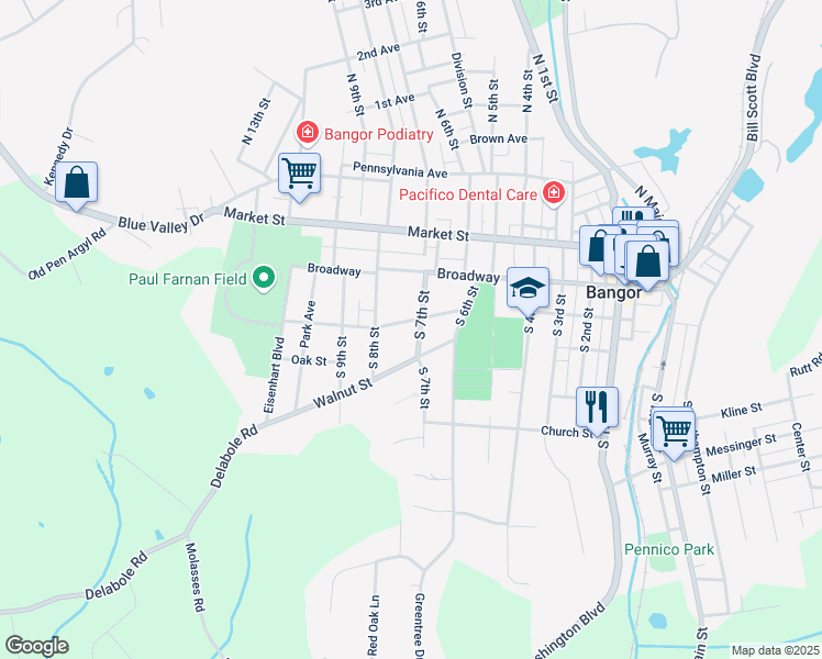 map of restaurants, bars, coffee shops, grocery stores, and more near 724 Chestnut Street in Bangor
