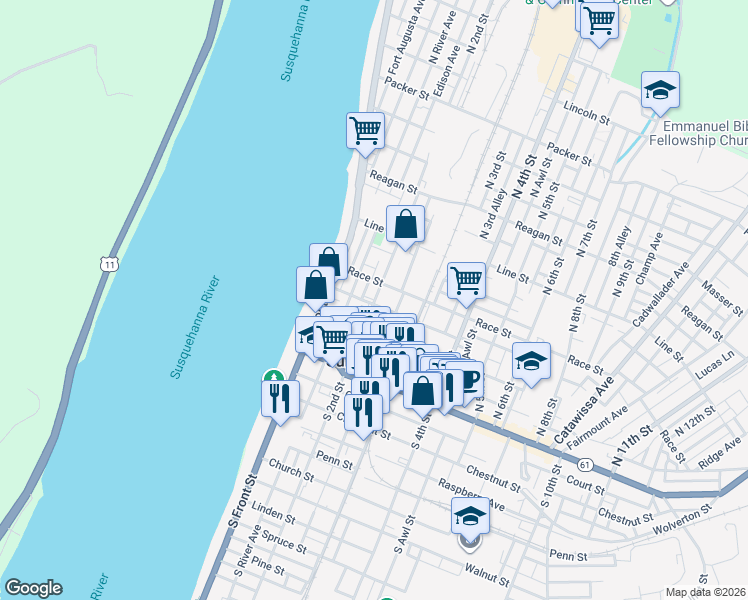 map of restaurants, bars, coffee shops, grocery stores, and more near 133 North 2nd Street in Sunbury