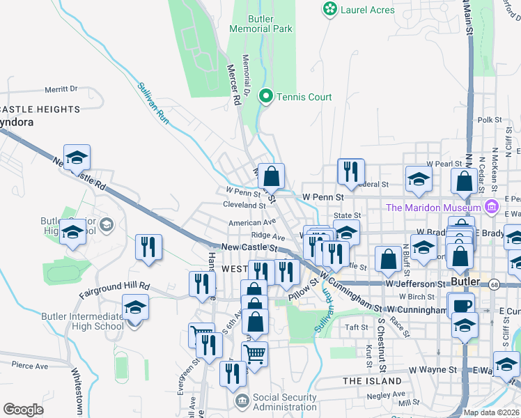 map of restaurants, bars, coffee shops, grocery stores, and more near 108 Cleveland Street in Butler