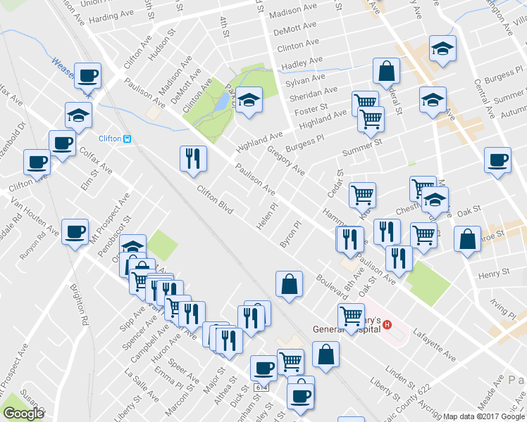 map of restaurants, bars, coffee shops, grocery stores, and more near 26 Helen Place in Clifton