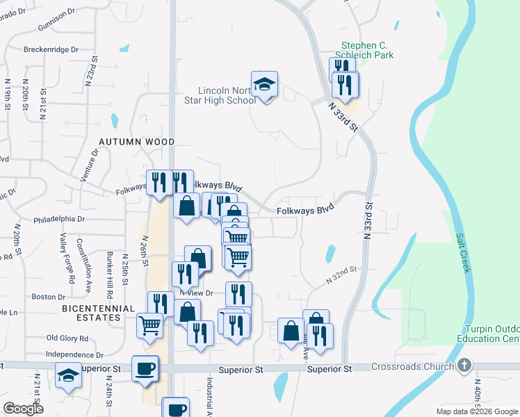 map of restaurants, bars, coffee shops, grocery stores, and more near Hilltop Road in Lincoln