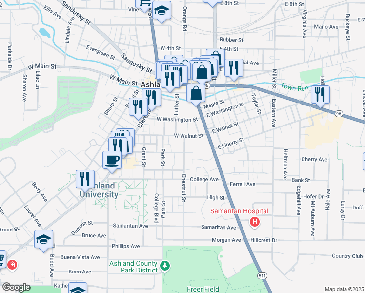 map of restaurants, bars, coffee shops, grocery stores, and more near 522 Chestnut Street in Ashland