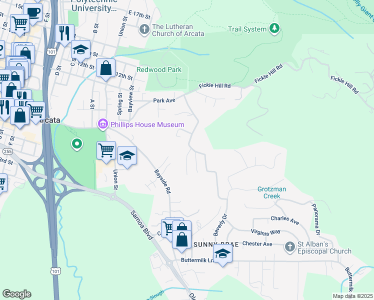 map of restaurants, bars, coffee shops, grocery stores, and more near 703 Patrick Court in Arcata