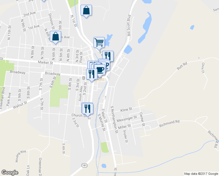 map of restaurants, bars, coffee shops, grocery stores, and more near 207 South Main Street in Bangor