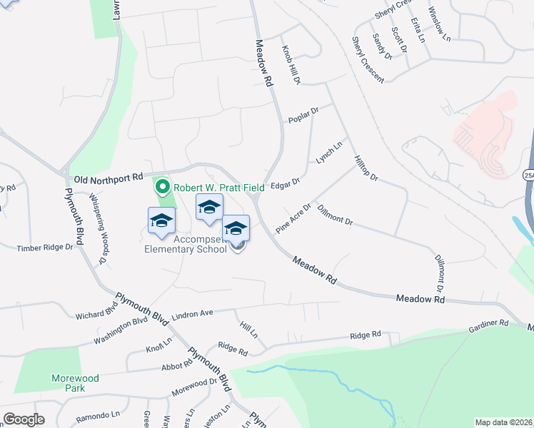 map of restaurants, bars, coffee shops, grocery stores, and more near 653 Meadow Road in Smithtown