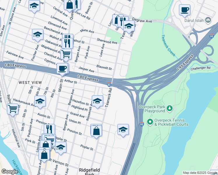 map of restaurants, bars, coffee shops, grocery stores, and more near 160 Arthur Street in Ridgefield Park