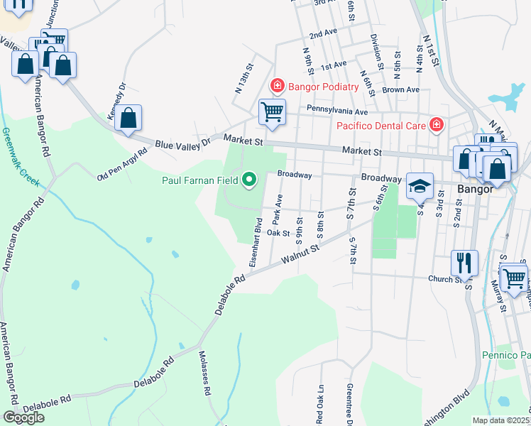 map of restaurants, bars, coffee shops, grocery stores, and more near 996 Chestnut Street in Bangor