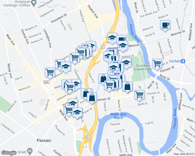 map of restaurants, bars, coffee shops, grocery stores, and more near 37 Jefferson Street in Passaic