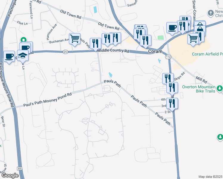 map of restaurants, bars, coffee shops, grocery stores, and more near 78 Birchwood Road in Coram
