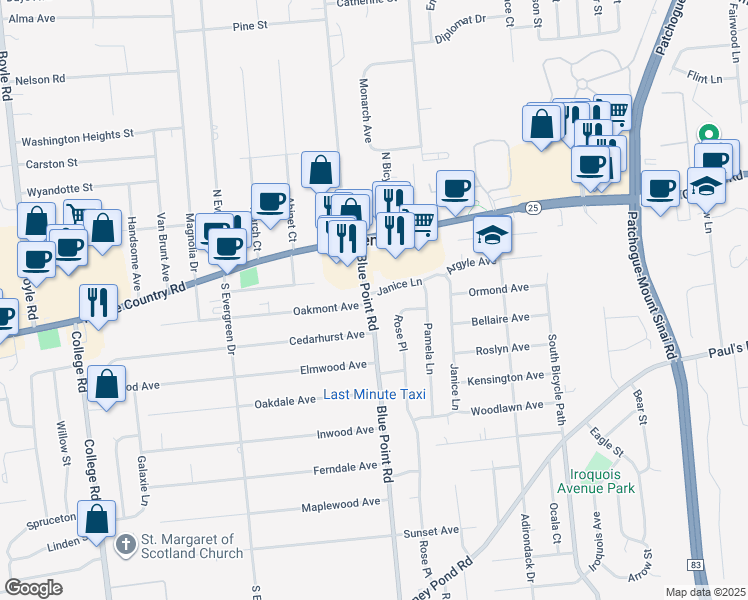 map of restaurants, bars, coffee shops, grocery stores, and more near 23 Blue Point Road in Selden