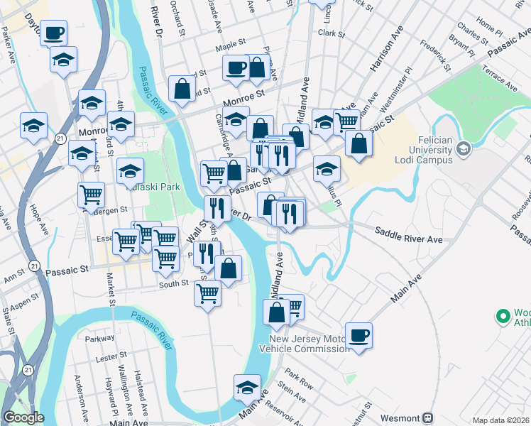map of restaurants, bars, coffee shops, grocery stores, and more near 136 River Drive in Garfield