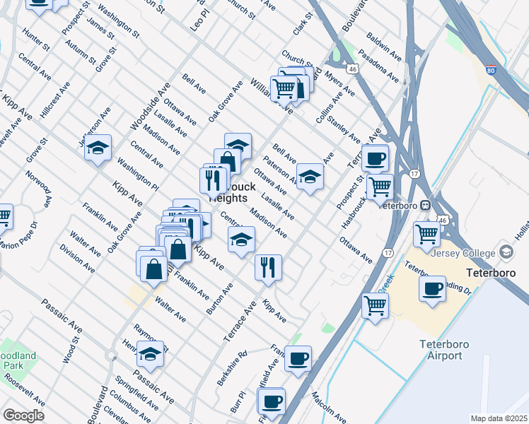 map of restaurants, bars, coffee shops, grocery stores, and more near 241 Madison Avenue in Hasbrouck Heights