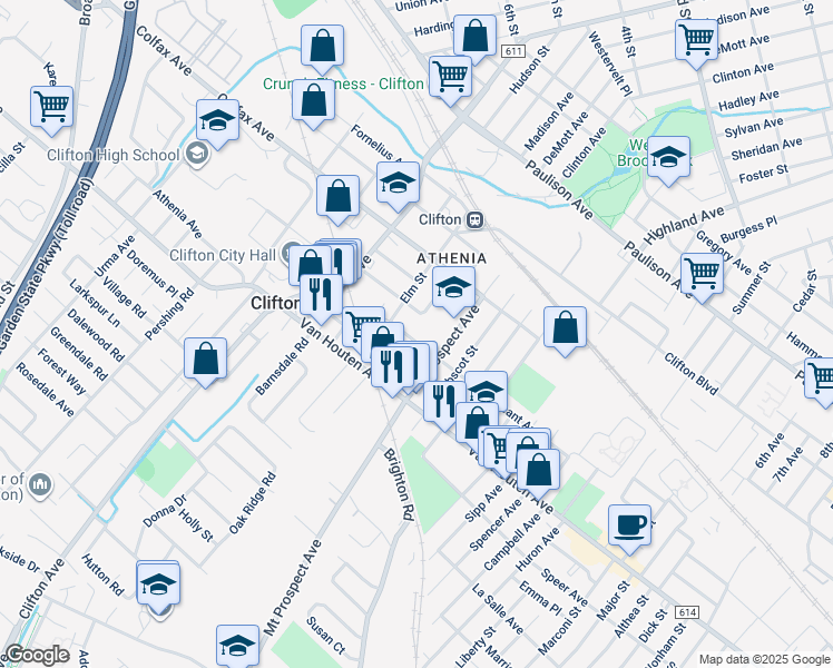 map of restaurants, bars, coffee shops, grocery stores, and more near 164 Sargeant Avenue in Clifton