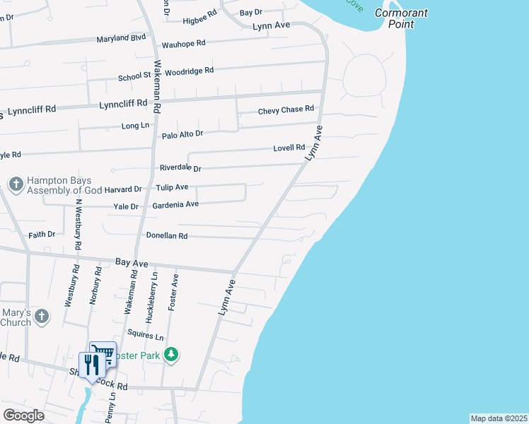 map of restaurants, bars, coffee shops, grocery stores, and more near 120 Lynn Avenue in Hampton Bays