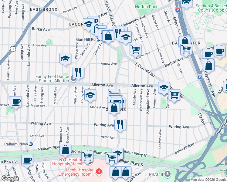 map of restaurants, bars, coffee shops, grocery stores, and more near 2561 Eastchester Road in The Bronx