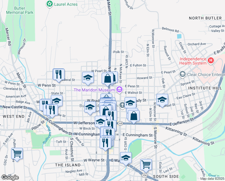 map of restaurants, bars, coffee shops, grocery stores, and more near 353 North Main Street in Butler