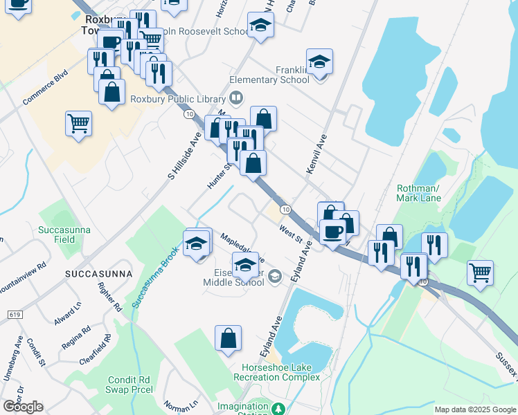 map of restaurants, bars, coffee shops, grocery stores, and more near 5 Richards Avenue in Roxbury Township