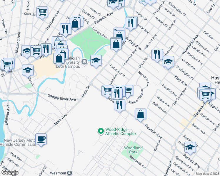 map of restaurants, bars, coffee shops, grocery stores, and more near 233 Roosevelt Avenue in Lodi
